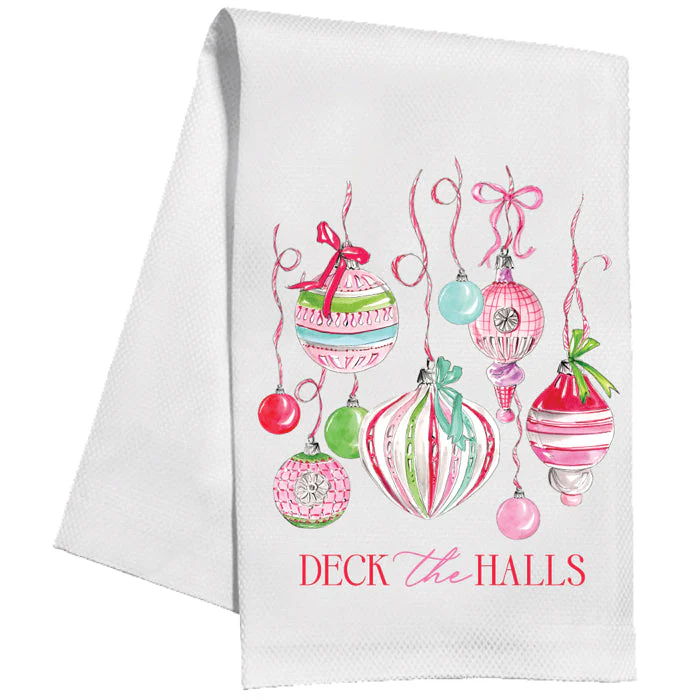 Deck The Halls Pink Vintage Hanging Ornaments Kitchen Towel