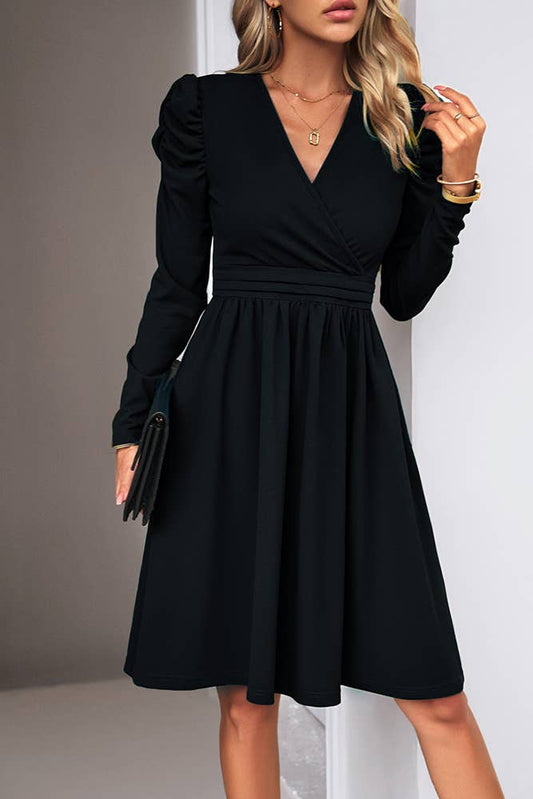 UNISHE - Plain Wrap V Neck Puff Sleeves High Waist Dress DY058: Black / S