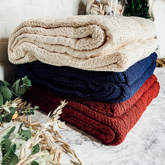 Claret Knit Sweater Like Throw Blankets - Plant Fiber & Cotton | Ivory/White