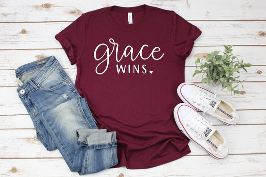 PrimestoreUS - Grace Wins Shirt, Inspirational Shirt, Faith Shirt, Grace Shirt, Bible Verse Shirt, Scripture Shirt, Religious Shirt, Womens Gift: Unisex-S / Maroon
