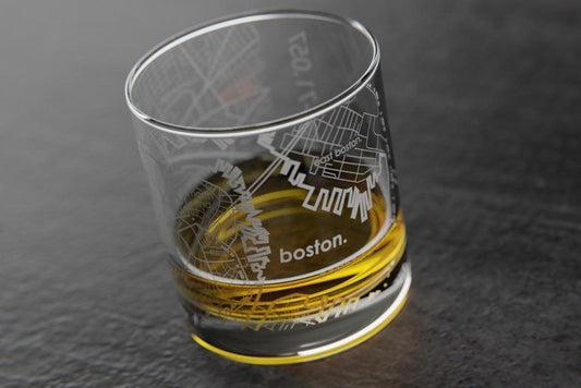 Boston Home Town Map Etched Rocks Glass