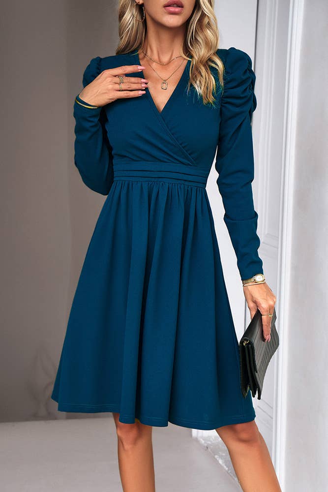 UNISHE - Plain Wrap V Neck Puff Sleeves High Waist Dress DY058: Blue / XL